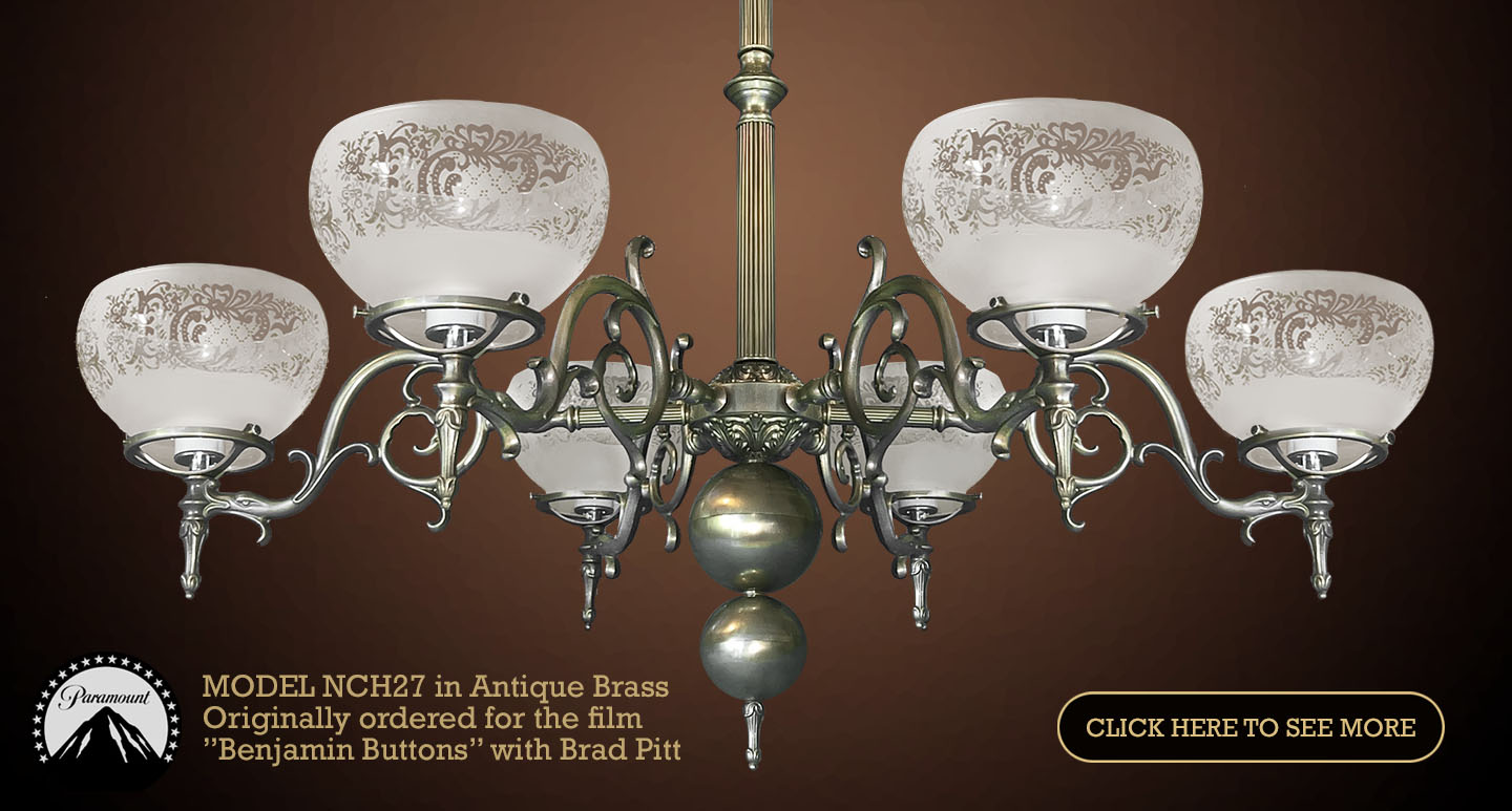 CLC Chandelier Model NCH27 is one of our most popular antique lighting fixtures, originally ordered by Paramount Pictures for their feature film "The Curious Case of Benjamin Button" with Brad Pitt